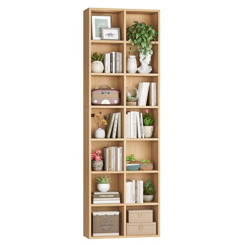 FOTOSOK 71'' Tall Bookshelf with 14 Cubes, 7 Tier Double Wide Wood Bookshelf with 6 Adjustable Shelves, 19.6' Narrow Bookcase DVD/CD Media Storage, Space Saving Display Shelf Cabinet, Natural