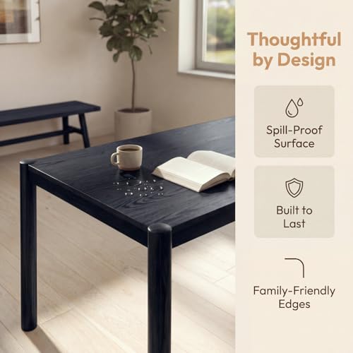 Image of DUOMAY Modern Rectangular Dining Table, 64.5'' Farmhouse Solid Wood Kitchen Tables for 4-6 Person, Breakfast Dinner Tables for Dining Room, Kitchen, Living Room, Black