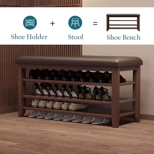 Banc à chaussures meuble de rangement en bois massif avec étagère basse - 4