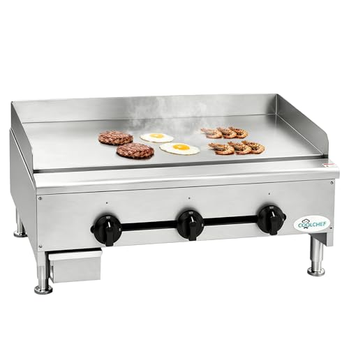 Image of 36 inch Commercial Gas Griddle, 90,000 BTU Countertop Flat Top Grill, 3 Independent Burners, Heavy-Duty Stainless Steel Construction, NG /LP Convertible, ETL Certified