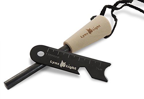 Lynx Light Survival Fire Starter | Fire Steel with Wooden Handle | Bushcraft 6 in 1 Multi-Tool for Emergency and Camping Kits | Ferro Rod | 12,000+ Strikes