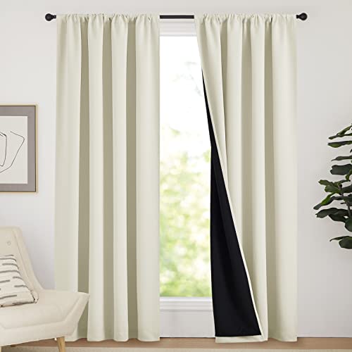NICETOWN Living Room Completely Shaded Draperies, Privacy Protection & Noise Reducing Drapes, Black Lined Rod Pocket Window Treatment Curtain Panels f