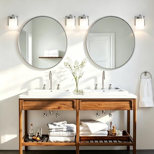Image of 4.72 Inches Bathroom Vanity Lights, 1-Light Chrome Bathroom Llight Fixtures Over Mirror with Milky White Square Glass Shade, Modern Farmhouse Bathroom Wall Lamp, Wall Sconces Set of Two