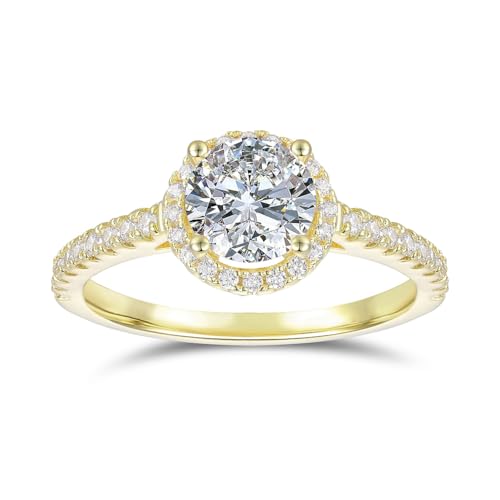 Gold 14K 4-Prong Halo Moissanite Rings 1.0 CT Round Brilliant Cut Engagement Ring for Women