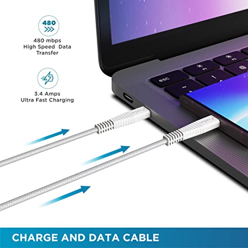 Image of URBN Type-C USB 3.4 Amp | 25W Fast Charging Cable for Smartphone | Unbreakable Rugged & Nylon Braided | Quick Charge (QC) Compatible | Made in India | Length (5 Feet) - White (Pack of 2)