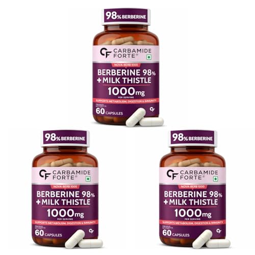 Image of Carbamide Forte 98% Berberine supplements with Milk Thistle | 1000mg Berberine HCl per Serving for Metabolism, Digestion, Liver Detox & Immunity Support | High Potency Berberine HCl - 60 Veg Capsules