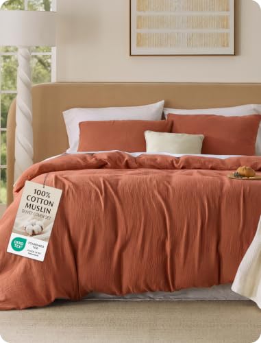 Image of Bedsure 100% Muslin Cotton Duvet Cover King Size - Ultra-Soft Gauze Duvet Cover, PureWoven Breathable & Lightweight Bedding Set with Button Closure and Corner Ties (Terracotta, King, 104 inchx90 inch)