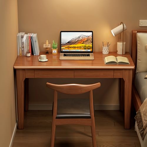 HOFMSX 引き出し付き無垢材ナローデスク、シンプルな寝室用ライティングデスク、オフィス、寝室、書斎に最適 (ブラウン、長さ47インチ / 120cm)