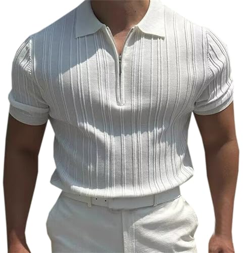 DAIMIDY Mens Zipper Polo Sweater Textured Knit Short Sleeve Pullover