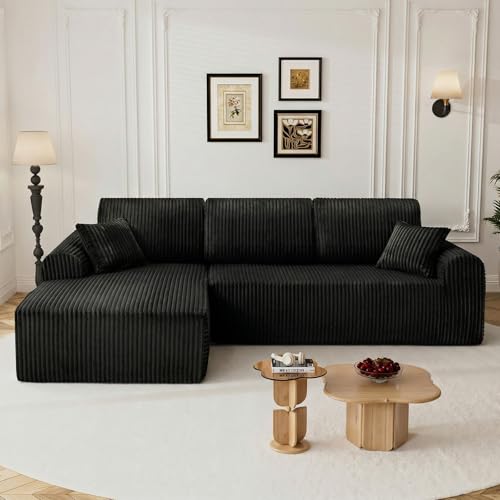Image of 110 inch L Shaped Boneless Sectional Couches for Living Room, Comfy Corduroy Floor Cloud Sofa with Chaise, Wide Armrest, Deep Seat, Memory Foam, Assembly Free, Ideal for Small Spaces, Black