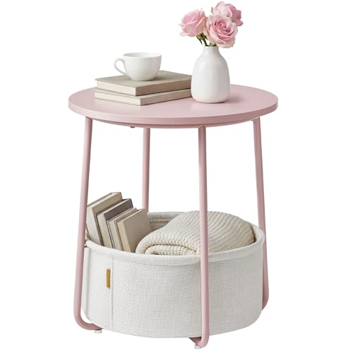 SONGMICS HOME Small Side Table Round End Table 2 Tier Nightstand with Basket U Shaped Steel Legs Easy Assembly for Living Room Bedroom Pink and White