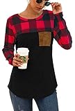 Red Black Buffalo Plaid Neck Long Sleeve Patchwork Blouse Top Curve Hem Tunic
