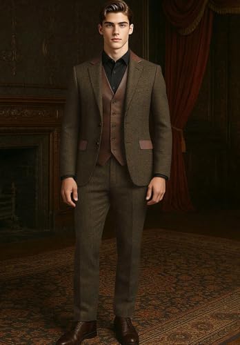 VENNYNG Men's Herringbone 3-Piece Suit Vintage Tweed Blazer Pants with PU Leather Vest for Wedding Groom Formal2