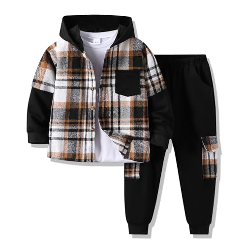 Image of Voxikodex Size 4-11 Years Boys Clothes Flannel Plaid Shirt Hooded Sweatshirt & Pants 3PCS Kids Boys Fall Winter Outfits Sets