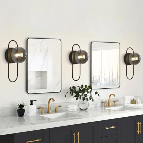 Image of Black Globe Wall Sconce Mid Century Modern Bathroom Vanity Light Fixture Small Black and Glass Wall Mounted Light Vintage Hallway Sconces Wall Lighting (2 Pack)