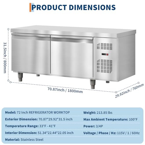 72" Undercounter Commercial Prep Table Freezer – 18 Cu. ft. Stainless Steel, 2-Door Frost-Free Freezer Station for Restaurants, Bars & Stores by Patikuin - Image 3