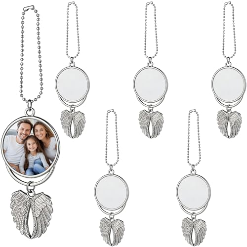 Image of OMISTAR 6 Pcs Angel Wings Sublimation Keychain Blanks, Sublimation Blank Pendant with Hanging Chains, DIY Heat Transfer Photo Frame Ornaments, Alloy Car Hanging Ornament for Personalized Decoration