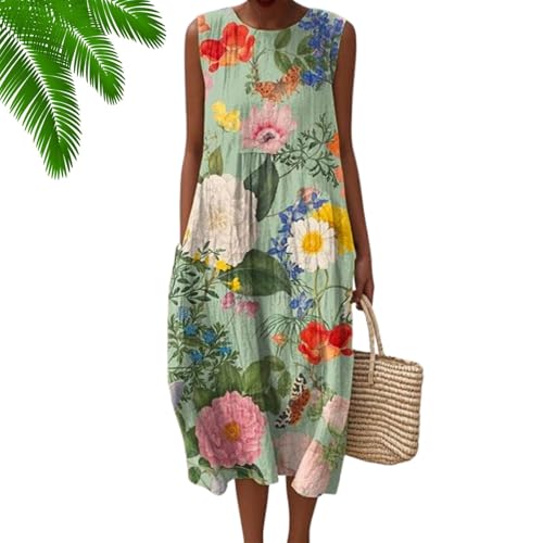 Musselin Kleid Damen, Ärmellos Musselin Kleider, Blumendruck Leinen Midikleid, Locker A-Linie Freizeitkleid mit Taschen (DE/NL/SE/PL, Alphanumerisch,...