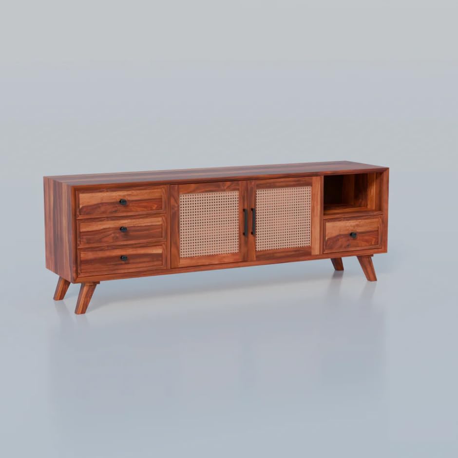 Image of Premium Solid Wood, 10 Minutes Assembly (Legs Only), Aesthetic Rattan Doors, Mid Century Entertainment Center for Living Room, TV Stand for 65 inch TV, Dark Chocolate (Honey TK-27)