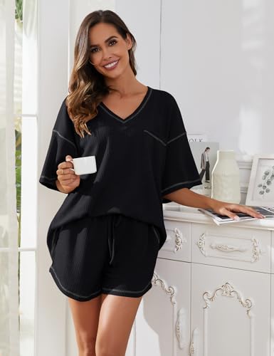 Image of Womens Pajama Sets Waffle Knit 2 Piece Short Lounge Set Cute Sleep Loungewear Pjs Set Short Sleeve Top and Shorts