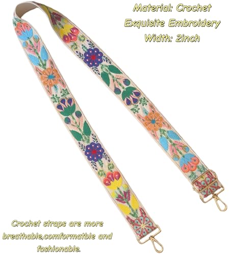Image of Wide Purse straps Crochet Flower replacement crossbody for Handbag Adjustable Embroidery Knit Guitar Shoulder strap