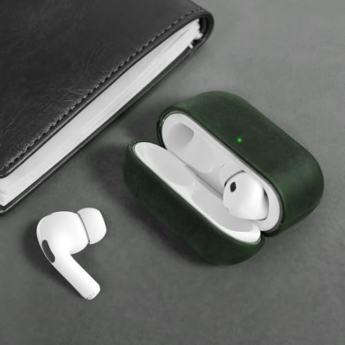 Image of for AirPods Pro 2 Case, Handcrafted Genuine Leather Cover with Lanyard, Vintage Crazy Horse Leather, Unique Patina, MagSafe Ready, Compatible with AirPods Pro 2nd /1st Generation, Pine Green