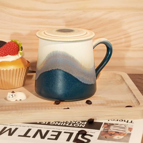 Taza de cerámica artesanal para café 11.2 OZ con tapa miniatura 5