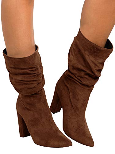 Syktkmx Womens Winter Slouchy High Heel Boots Mid Calf Suede Slip on Chunky Block Pointed Toe Boots2