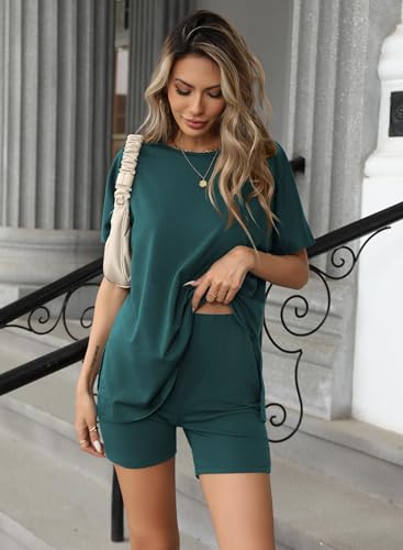 Image of Ekouaer Women's 2 Piece Lounge Set 2026 Summer Biker Shorts Set Outfits Short Sleeve Oversized Top Matching Tracksuit