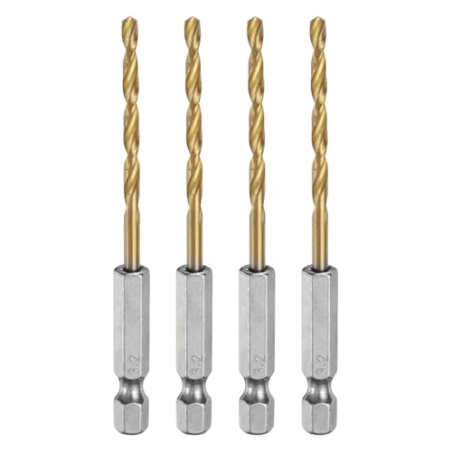 QUARKZMAN 4 Stück Metall Spiralbohrer 3,2mm, Titanbeschichtet HSS Bohrer mit 6,35 mm Sechskantschaft, Jobber-Bohrer Für Edelstahl, Metall Gold