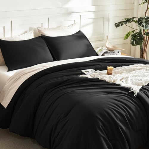 Image of Litanika Black Comforter Set Queen Size, 3 Pieces Lightweight Solid Bedding Comforter Set, All Season Fluffy Bed Set (90x90In Comforter & 2 Pillowcases)