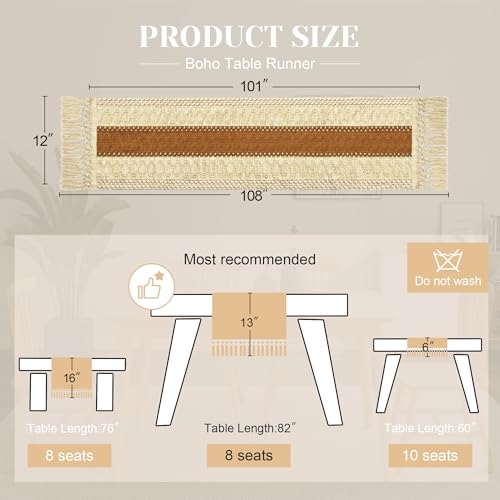 Image of FEXIA Boho Table Runner for Home Decor with Tassels 108 Inches Long,Caramel Farmhouse Rustic Table Runner Macrame Burlap Table Decoration for Living Room Bridal Shower(12x108 Inches)