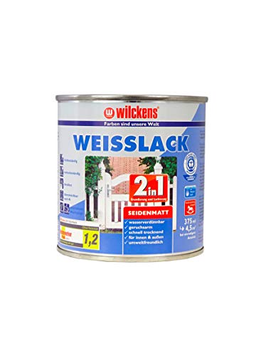Weisslack 2in1 seidenmatt 375 ml Lack weiß Innen Außen ca. 30 m² Lackfarbe Grundanstrich Deckanstrich Blauer Engel Dispersion