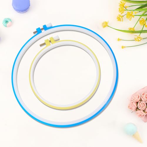 Image of GORGECRAFT 2 Sizes Spring Tension Embroidery Hoop Cross Stitch Tension Hoop Blue Yellow Round Plastic Frame Darning Shed Rings for Embroidery Cross Stitch Sewing DIY Projects (5.6in, 8.23 x 8.9in)