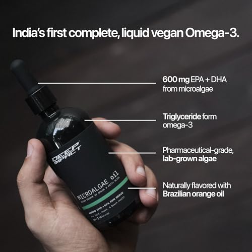 Image of Deep Impact Microalgae Omega 3 Oil |Supplement | 600mg DHA + EPA per Serve | Vegan |Omega 3 from Algae | Zero Capsules, No Fishy Taste | Orange Flavoured | Liquid form| For Eye, skin & joints | No Burps