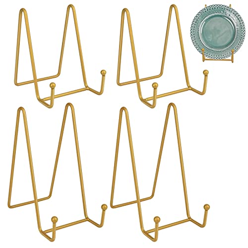 DIBALIYI 4 Piezas Soportes de Plato para Exhibición, 4 y 6 Pulgadas Oro Hierro Caballete para Fotos, Soporte de Metal Decorativo para Libro Bowl Tablets Cover