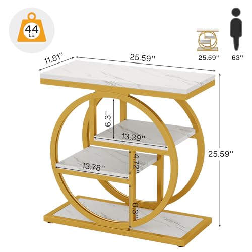 Image of Tribesigns End Table Set of 2, Narrow Faux Marble Side Table with Storage Shelves, 4-Tier Modern Skinny Sofa Side Table with Geometric Metal Frame for Bedroom, Living Room, White & Gold