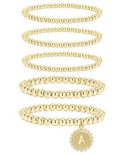 adoyi Gold Silver Bracelets for Women Beaded Bracelet 14K Gold Plated Bracelet Stack Initial Letter A-Z Strand Stretch Bead Stackable Bracelet Set Adjustable Jewelry Gift for Women, 7.25 IN, Gold, No