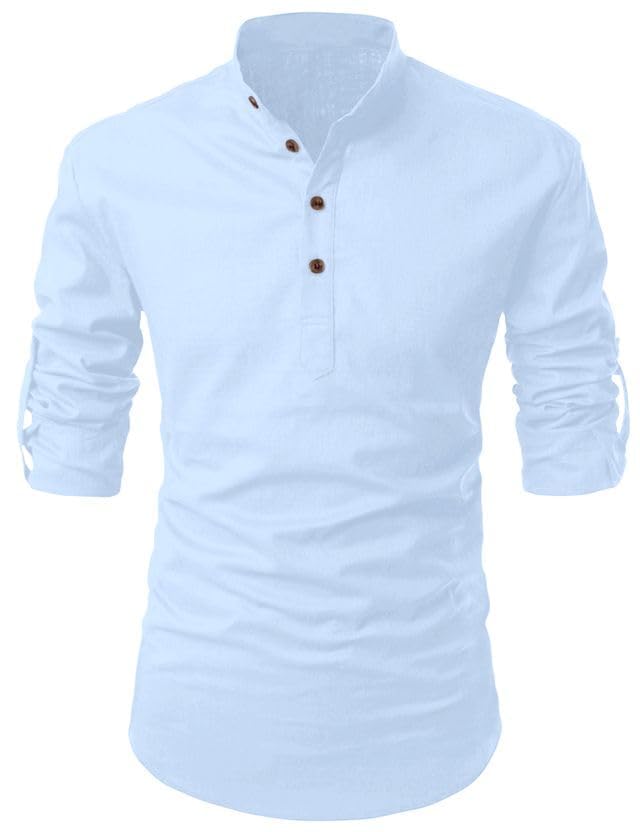 Image of Fifth U Men's Cotton Polyester Blend Solid Mandarin Collar Self Design Full Sleeve Casual Short Kurta