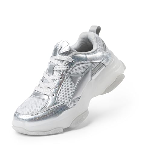 DREAM PAIRS Girls Sneakers Lace up Lightweight Sparkle StarGlow Breathable Jelly Sole Kids Walking Shoes Casual Sports 10 Toddler Silver/White