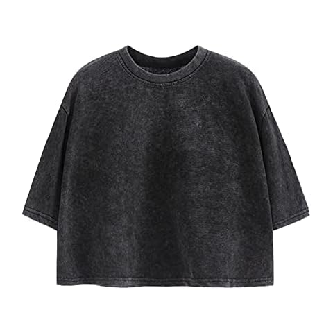 KEEVICI Cropped T Shirts for Women Vintage Baggy Solid Color Basic Tees Acid Wash Cotton Tshirt Black Grunge Crop Tops (Black,S,Small) Cover
