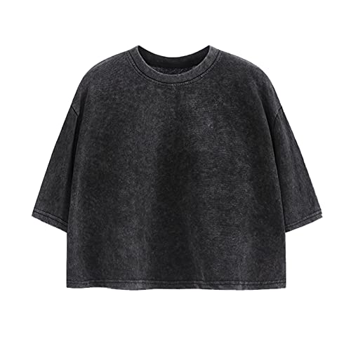 KEEVICI Cropped T Shirts for Women Vintage Baggy Solid Color Basic Tees Acid Wash Cotton Tshirt Black Grunge Crop Tops