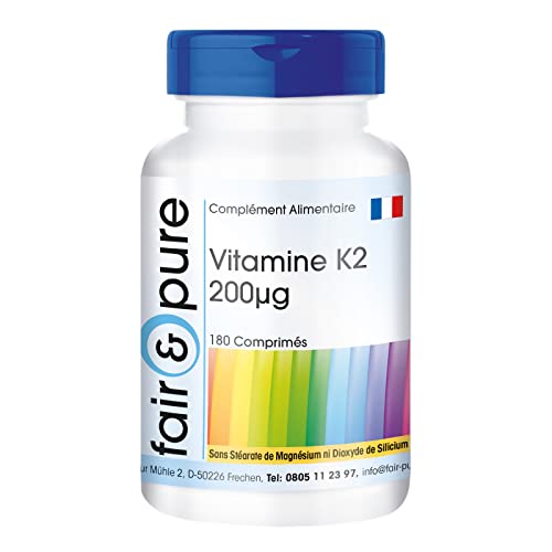 Fair & Pure® - Vitamine K2 200µg - ménaquinone naturelle MK-7 - végan - dosage élevé - tout trans MK7-180 comprimés