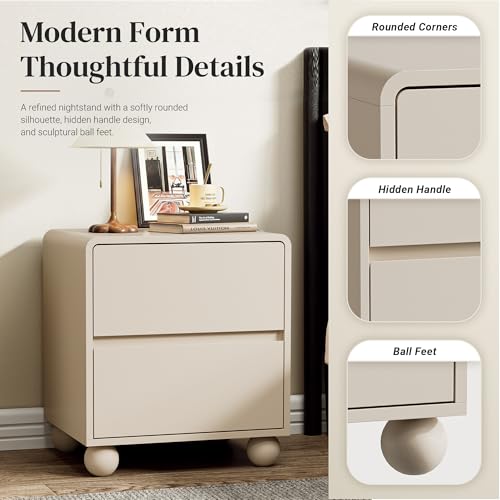 Image of Furniway Beige Nightstand Set of 2, Modern 2 Drawer Bedside Table with Curved Profile Design and Handle-Free Drawers, Modern End Table with Storage for Bedroom