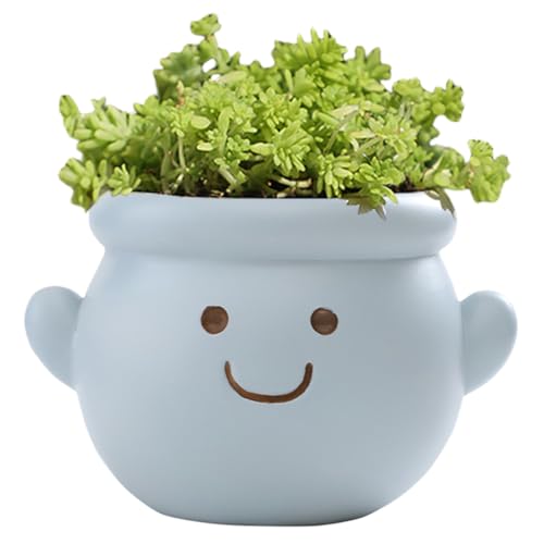 YOYLMAL Cute Face Planter Pot, Small Resin Head Planters for Indoor Plants, Funny Smiling Face Flower Pot Succulent Planter with Drainage Hole, Gift IdeaI for Birthday Christmas (Blue)