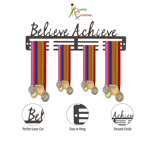Image of NAITIK CREATION Medal Hanger for Wall - Medal Holder Display Hanger | Holds Up to 65 Medals | Sports Medal Display | Medals Hanger | Premium Antique Golden (Believe Achieve)