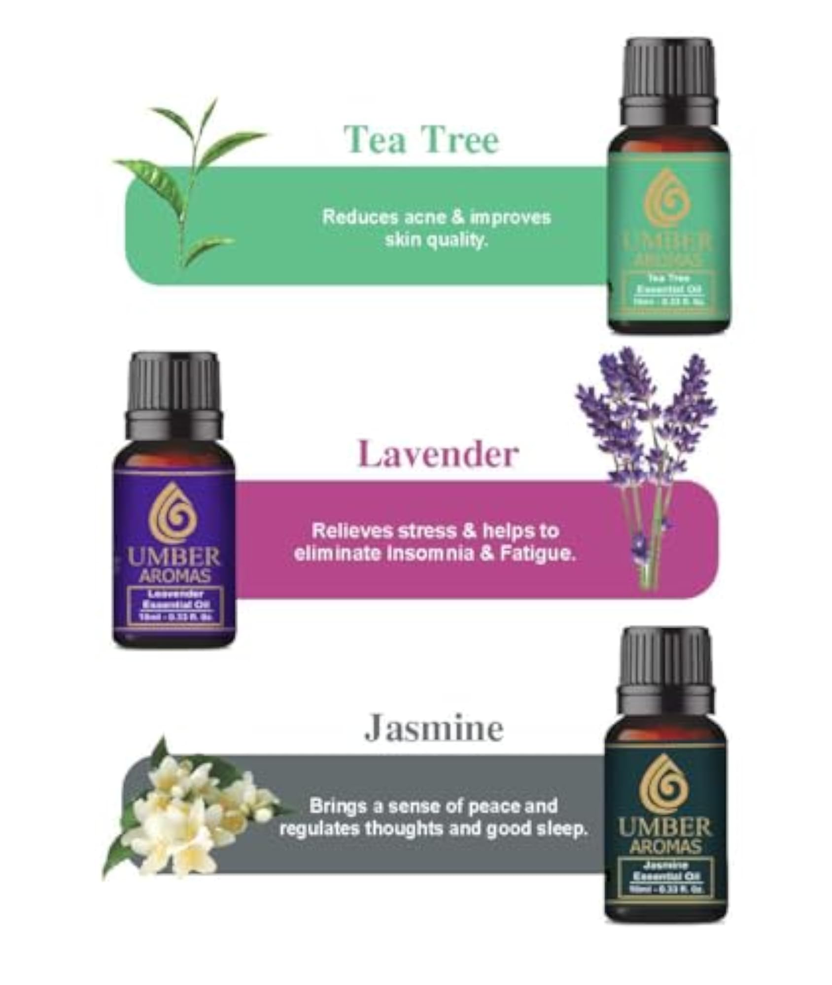 UMBER Essential Tea Tree, Lavender, Jasmine, Rose, Lemon Grass Natural Aromatherapy Pack