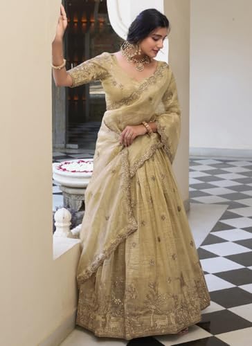 Image of JIHU CULTURE Beige Silk Thread Sequence Embroidery Work Semi-Sttiched Lehenga Choli Set For Women