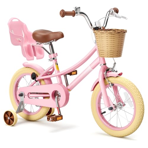 Glaf Toddler Girls Bike for Kids Age 2-12 Years Old 12 14 16 20 Inch Girls Bike with Training Wheels and Doll Seat Kids Bicycle with Basket Adjustable Seat (12 Inch with Training Wheels, Pink)