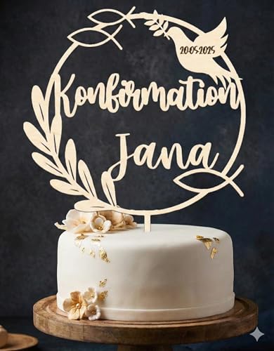 Cake Topper Taufe Kommunion Konfirmation Firmung, nachhaltig gefertigt – Größe: 15-20 cm, personalisiert mit Namen & Datum – Tortenstecker Holz – Kuchendeko mit Taube & Kranz – individuell graviert